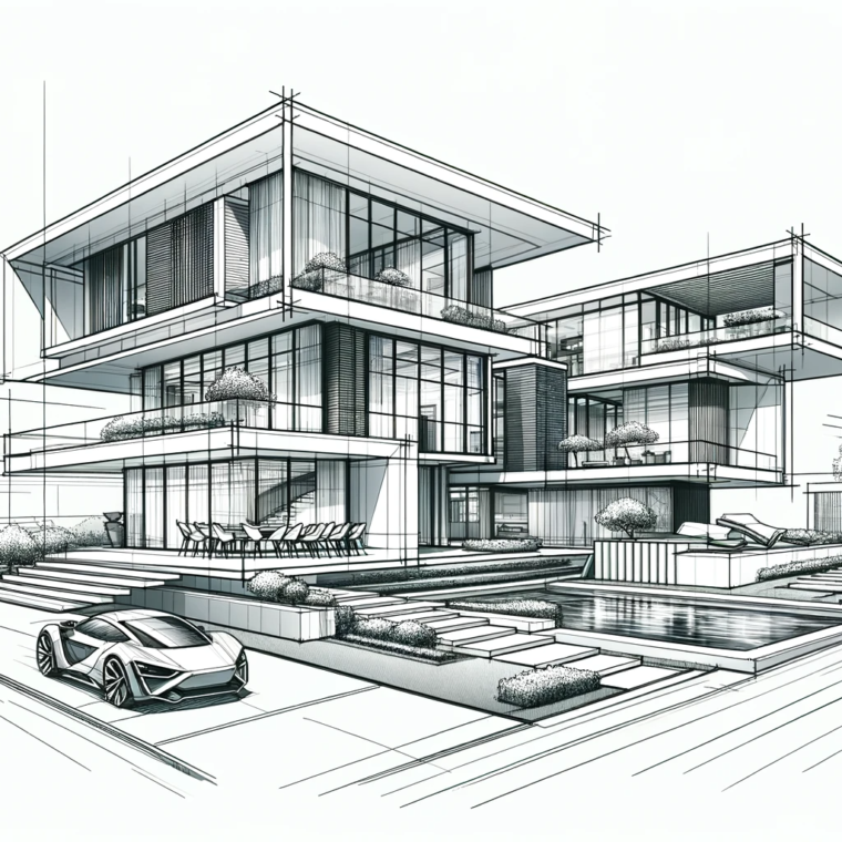 DALL·E 2024 01 09 17.25.11 A detailed architectural sketch of a modern two story house. The house features a dynamic composition of intersecting planes and volumes creating a v