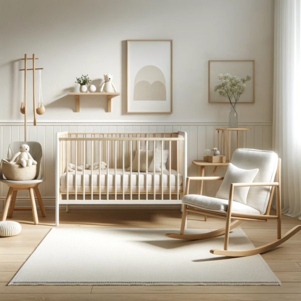 DALL·E 2024 01 23 19.42.00 A Scandinavian style baby room characterized by simplicity and functionality. The room includes a simple elegant white crib a comfortable rocking c